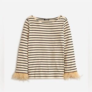 J. Crew Beige and Black Striped Top with Feather Cuffs Sz. Med EUC
